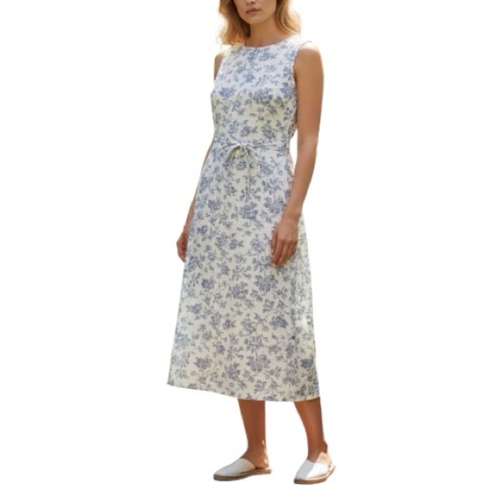 Vintage NWT Caroline Wells Linen Floral Blue Maxi Dress Cottagecore Boho Size 16